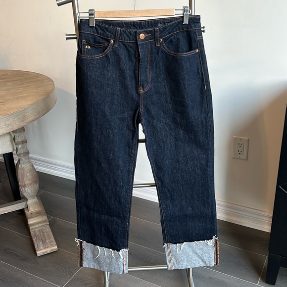 Armani Exchange Hi Waist Cuff Straight Ankle Dark Wash Jeans Women size 27 - Picture 3 of 17
